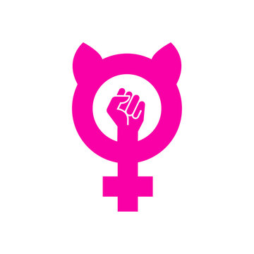 Icono plano feminismo con orejas de gato y puño en color rosa