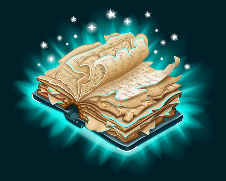Isometric old book of magic spells and witchcraft with torn pages for computer game. Fairy tale icon in cartoon style. 3d isolated vector illustration.
