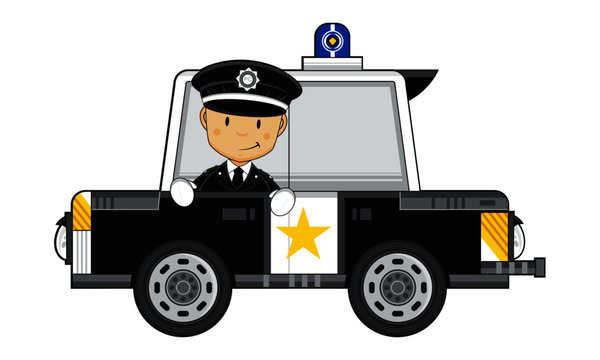 Cartoon Policeman and Police Car