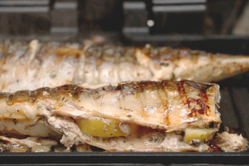 Mackerel is roasted on an electric grill. Grilled fish with lemon and salad