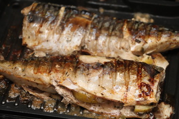 Mackerel is roasted on an electric grill. Grilled fish with lemon and salad