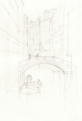Venice city hand drawn, pencil sketch illustration