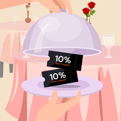 Naklejka premium Surprise serve discount on dish, restaurants serve, discount coupon, valentine’s concept .Flat vector illustration