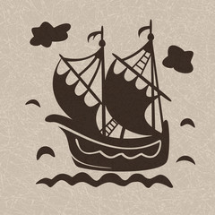 Vintage sailboat floating on waves on light marbled background, ship in sea. Pattern in style of Dutch tiles. Vector with noise and texture, marble textured backdrop.