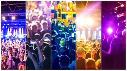 Rock concert, silhouettes of happy people raising up hands. Collage. The music, party, event, festival, dance, entertainment and nightclub concept - obrazy, fototapety, plakaty