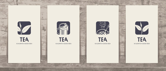 Set of four vector business cards with drawings on the theme of tea. Tea is always a good idea