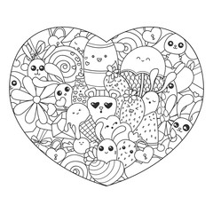 Doodle art in the shape of heart with ice cream, sweets and kawaii characters. Valentines Day pattern for coloring book or design print. Easy to change color.