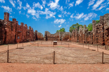 Main nave of the convent seen from the inside towards the pulpit with a clear day in San Ignacio ruins, Misiones, Argentina