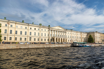 Fototapeta na wymiar View of the embankment of the Fontanka River from the pleasure boat in St. Petersburg