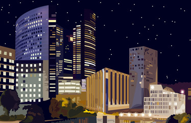Business center at night Vector. La Defense Business center in Paris France. Beautiful illuminated buildings at nights