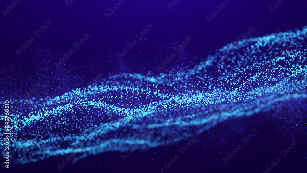 Poster Wave Glow. Wave of particles. Wave 3d. 3d rendering. Futuristic green dots background with a dynamic wave. Abstract Big Data Visualization.