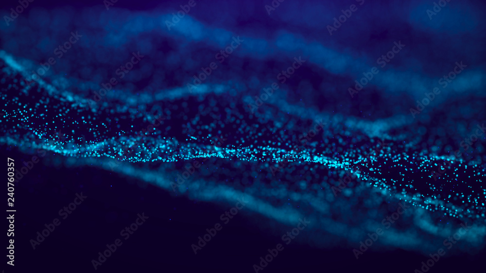 Poster Wave Glow. Wave of particles. Wave 3d. 3d rendering. Futuristic green dots background with a dynamic wave. Abstract Big Data Visualization.
