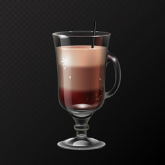 Realistic cocktail irish coffee glass vector illustration on transparent background