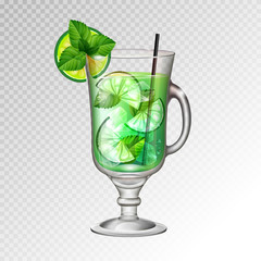 Realistic cocktail mojito glass vector illustration on transparent background