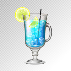 Realistic cocktail blue lagoon glass vector illustration on transparent background