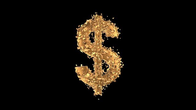 Fractured Gold Dollar value 3d model with disappearing effect. Financial crisis concept. Available in FullHD and HD video.