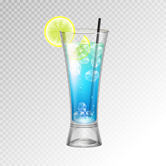 Realistic cocktail blue lagoon glass vector illustration on transparent background