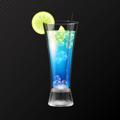 Realistic cocktail blue lagoon glass vector illustration on transparent background