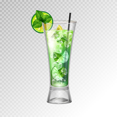 Realistic cocktail mojito glass vector illustration on transparent background