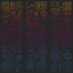 Vector set of bussines icons in doodle style. Colorful, gradient pictures on a piece of paper on dark background.