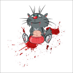 Gray cat eats from the bowl the brain. Funny vector illustration