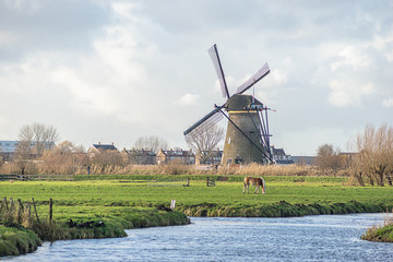 Windmill landscape at Kinderdijk near Rotterdam The Netherlands
