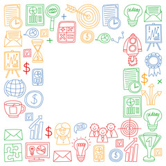 Vector set of bussines icons in doodle style. colorful pictures on a piece of paper on white background.