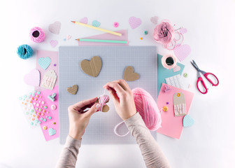 Making diy project. Knitting decoration. Craft tools and supplies. Season home valentines day decor.