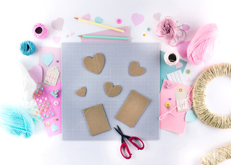 Making diy project. Knitting decoration. Craft tools and supplies. Season home valentines day decor.