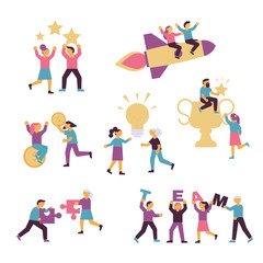 Flat vector creative teamwork concept with cute simple people.