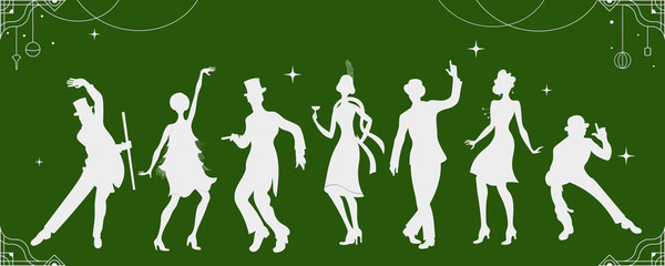 Charleston Party. Gatsby style set.dancing charleston. Vintage style.retro silhouette dancer.1920 party vector background.Swing dance girl. Flat People Celebrating Merry Christmas and Happy New Year. 
