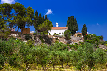 Peaceful cretan landscape with the greek church, Greece