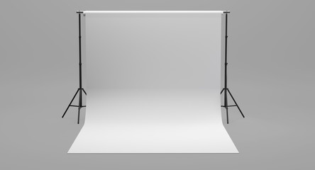 Photo video studio empty blank white paper background on tripods stands 3d illustration
