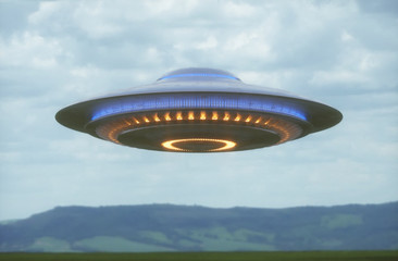 Unidentified flying object. UFO with clipping path included. 3D illustration in real picture.