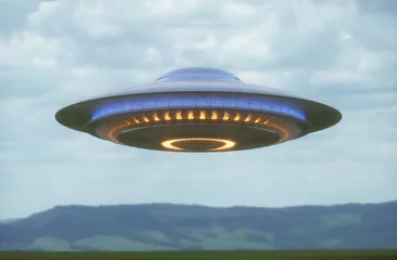 Küchenrückwand glas motiv Unbekanntes Flugobjekt. UFO mit Ausschnittspfad eingeschlossen. 3D-Darstellung im echten Bild. © ktsdesign