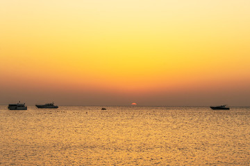 Fototapeta premium boat silhouetts on the shores of the red sea at sunset in Makadi Bay Egypt golden colors