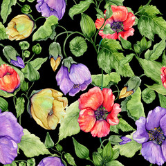 Beautiful abutilon flowers on climbing twigs on black background. Seamless floral pattern. Watercolor painting. Hand painted illustration.