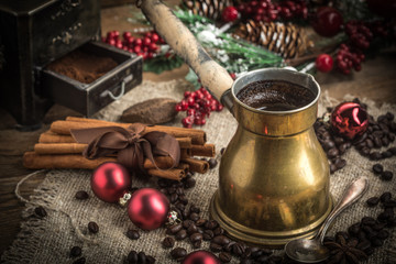 Turkish coffee in copper coffe pot