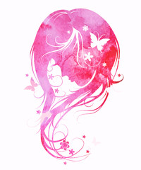 silhouette beautiful girl with beautiful flowers and butterflies