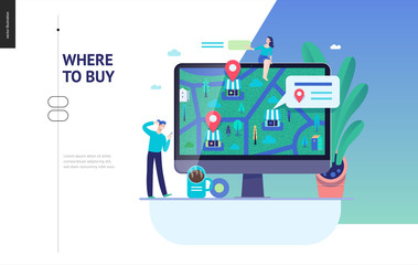 Business series, color 3 - where to buy - modern flat vector concept illustration of map, marked shops, computer screen Selling interaction and purchasing process Creative landing page design template