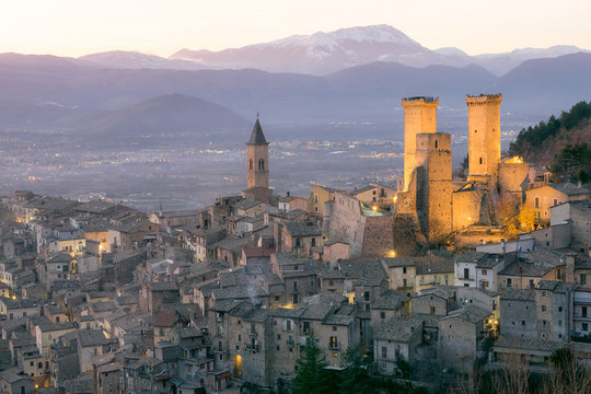 Medieval village of Pacentro in Abruzzo. Italy. Panoramic view at dusk with striking illumination