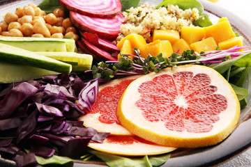 Bowl of Buddha, The concept of a healthy diet: chickpeas, salad, beetroot, pumpkin, cucumber, grapefruit, cabbage and tabouleh. Balanced food.