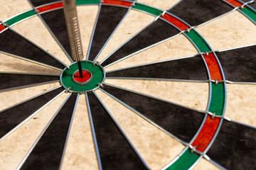 Success hitting target aim goal achievement concept background - dart in bull's eye close up