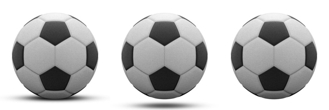 black and white soccer ball in three versions, with and without shadow. Isolated on white. 3d render.
