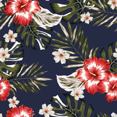 Wallpaper murals Hibiscus Tropical palm leaves, red hibiscus flowers, plumeria, black background. Vector seamless pattern. Jungle foliage illustration. Exotic plants. Summer beach floral design. Paradise nature