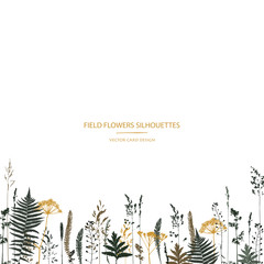 Vector silhouettes collection. Set of field flowers, herbs. Card design.