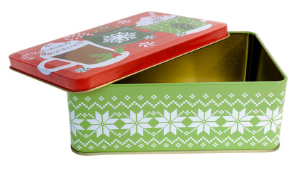 Empty isolated Christmas holiday cookie tin with lid askew.