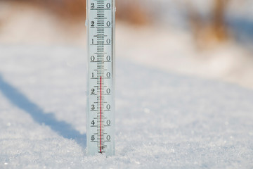 Thermometer on snow shows low temperatures
