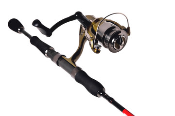 fishing reel on a fishing rod, white background close-up, copy space