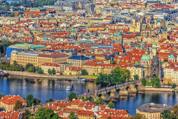 Fototapeta na wymiar Charles Bridge in Prague, aerial view, Czech Republic
